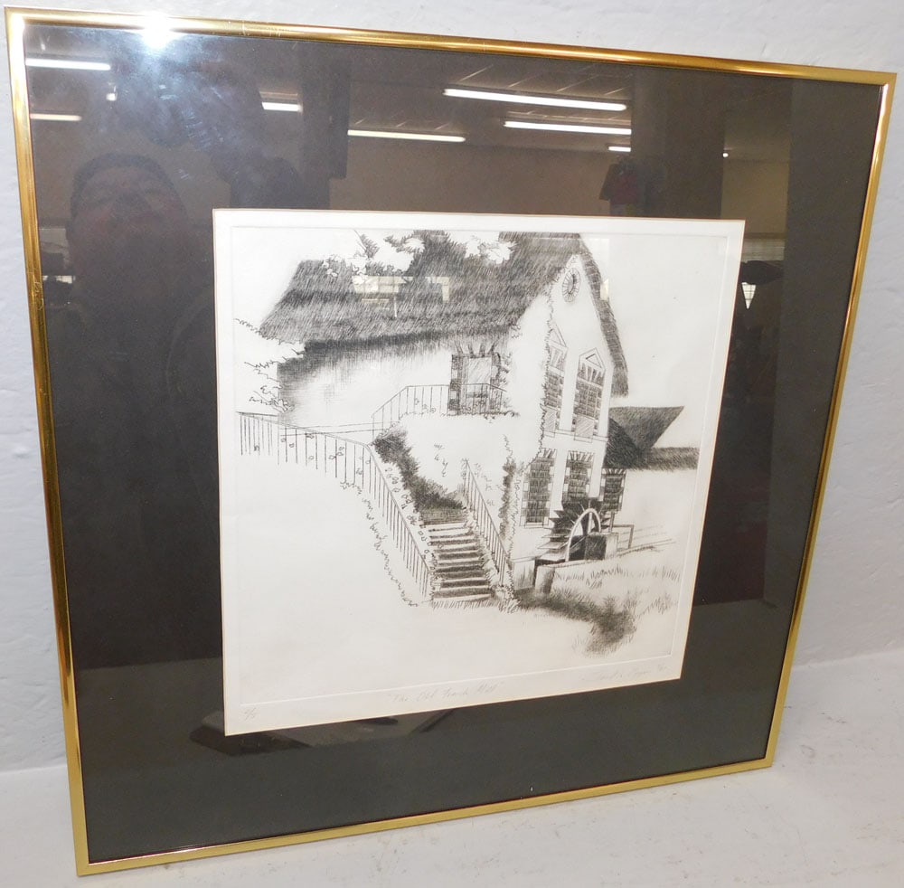 Framed Engraving, 'The Old French Mill' by Janet Lynn Eggen: Framed Engraving, 'The Old French Mill' by Janet Lynn Eggen. 20 1/4" x 20 1/4" ALL DESCRIPTIONS AND ANY CONDITION STATEMENT GIVEN BY LANGSTON AUCTION GALLERY ARE STRICTLY OPINIONS AND LANGSTON'S