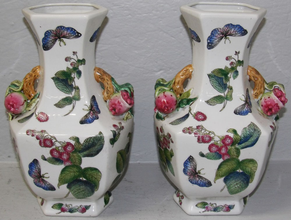 Pair of Chinosiere Decorated Porcelain Butterfly Motif Vases with Pomegrante Handles (1 of 5)
