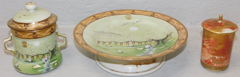 Antique Mt. Fuji Satsuma Meiji Plate Stand, Covered Strainer, & Kutani Tea Caddy: Antique Mt. Fuji Satsuma Meiji Plate Stand, Covered Strainer, & Kutani Tea Caddy . Up to 2 1/4" H 8 1/2" Dia. ALL DESCRIPTIONS AND ANY CONDITION STATEMENT GIVEN BY LANGSTON AUCTION GALLERY ARE