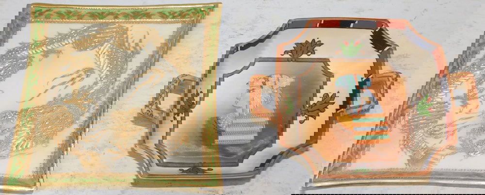 Antique Nippon Egyptian Revival Two Handled Dish & Nippon Tray with Dragon Motif: Antique Nippon Egyptian Revival Two Handled Dish & Nippon Tray with Dragon Motif . Up to 5 1/2" Dia. ALL DESCRIPTIONS AND ANY CONDITION STATEMENT GIVEN BY LANGSTON AUCTION GALLERY ARE STRICTLY