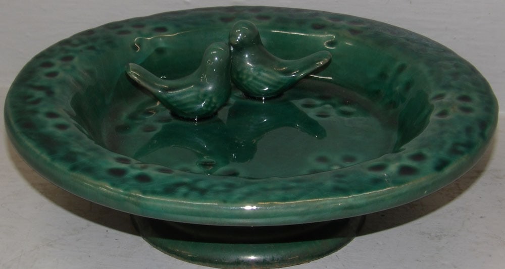 Vintage Turqoise Ceramic Bird Bath Form Bowl with Two Birds: Vintage Turqoise Ceramic Bird Bath Form Bowl with Two Birds. 4 1/2" H 13" Dia. ALL DESCRIPTIONS AND ANY CONDITION STATEMENT GIVEN BY LANGSTON AUCTION GALLERY ARE STRICTLY OPINIONS AND LANGSTON'S