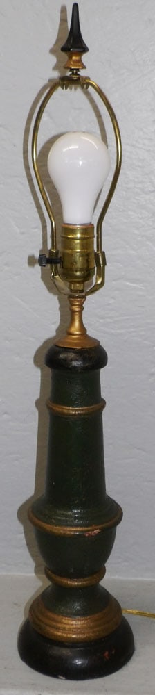 Vintage French Painted Two Tone Turned Column Wood Lamp: Vintage French Painted Two Tone Turned Column Wood Lamp. 26" H 5" Dia. ALL DESCRIPTIONS AND ANY CONDITION STATEMENT GIVEN BY LANGSTON AUCTION GALLERY ARE STRICTLY OPINIONS AND LANGSTON'S SHALL HAVE