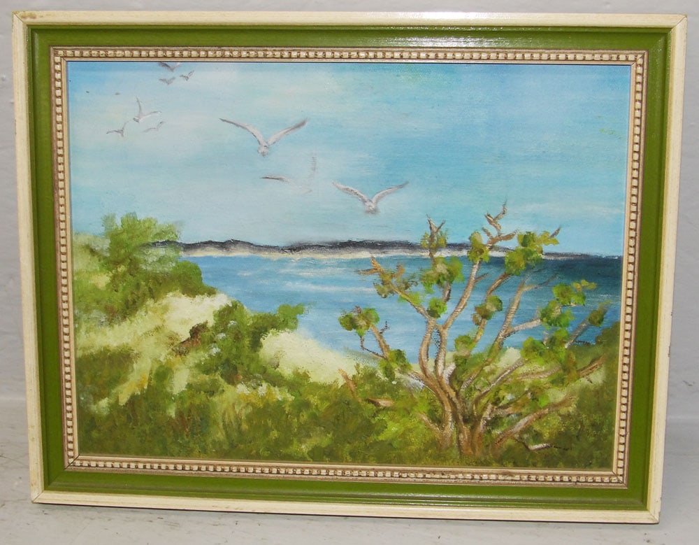 Small Oil on Canvas of an Ocean View with Flying Seagulls: Small Oil on Canvas of an Ocean View with Flying Seagulls. 10 1/2" x 13 1/2" ALL DESCRIPTIONS AND ANY CONDITION STATEMENT GIVEN BY LANGSTON AUCTION GALLERY ARE STRICTLY OPINIONS AND LANGSTON'S