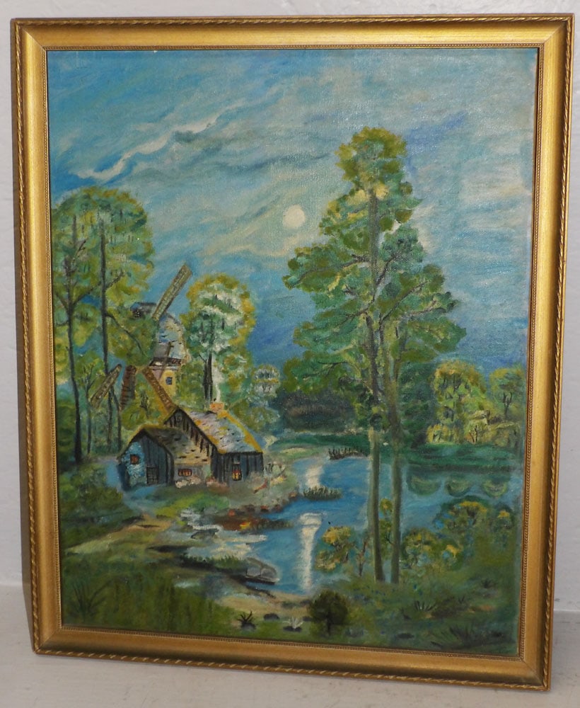 Oil on Artist Board of a Windmill House & Lake Scene: Oil on Artist Board of a Windmill House & Lake Scene . 17 1/2" x 21 1/2" ALL DESCRIPTIONS AND ANY CONDITION STATEMENT GIVEN BY LANGSTON AUCTION GALLERY ARE STRICTLY OPINIONS AND LANGSTON'S SHALL