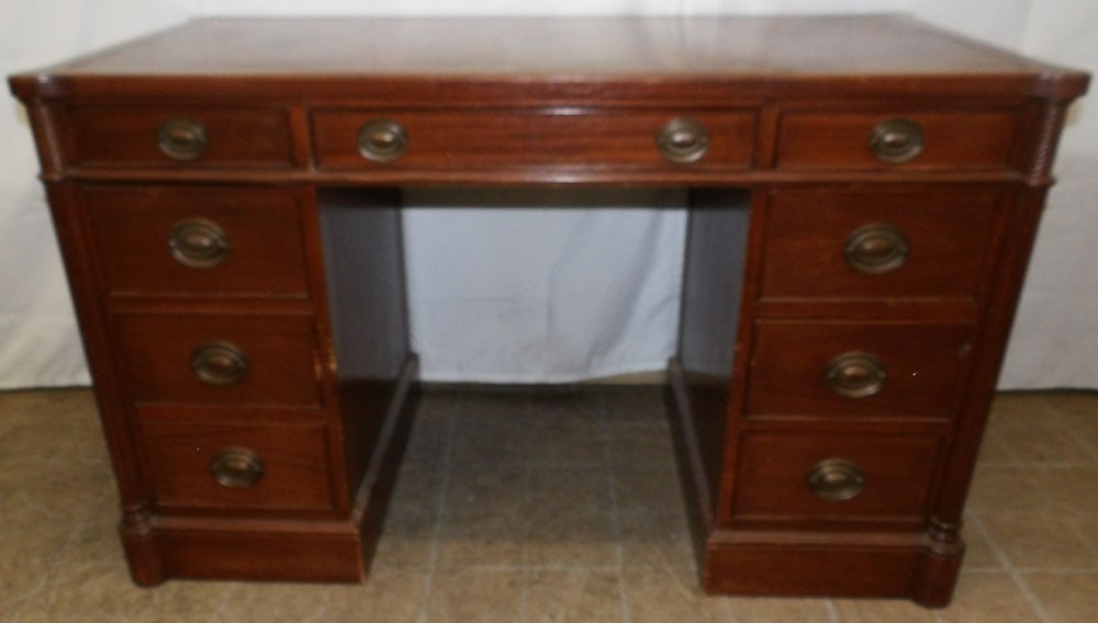 Burled Walnut Nine Drawer Desk with Fluted Corner Columns (1 of 7)