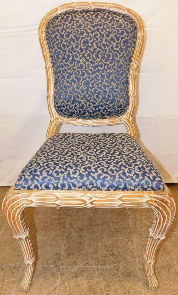 Bleach Carved Wood & Upholstered Side Chair: Bleach Carved Wood & Upholstered Side Chair . 38 1/2" H 20" W 20" D ALL DESCRIPTIONS AND ANY CONDITION STATEMENT GIVEN BY LANGSTON AUCTION GALLERY ARE STRICTLY OPINIONS AND LANGSTON'S SHALL HAVE NO