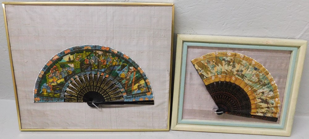 Two Framed Hand Painted Oriental Fans: Two Framed Hand Painted Oriental Fans . 17 1/4" x 20 1/4" ALL DESCRIPTIONS AND ANY CONDITION STATEMENT GIVEN BY LANGSTON AUCTION GALLERY ARE STRICTLY OPINIONS AND LANGSTON'S SHALL HAVE NO RESPONSIBILI