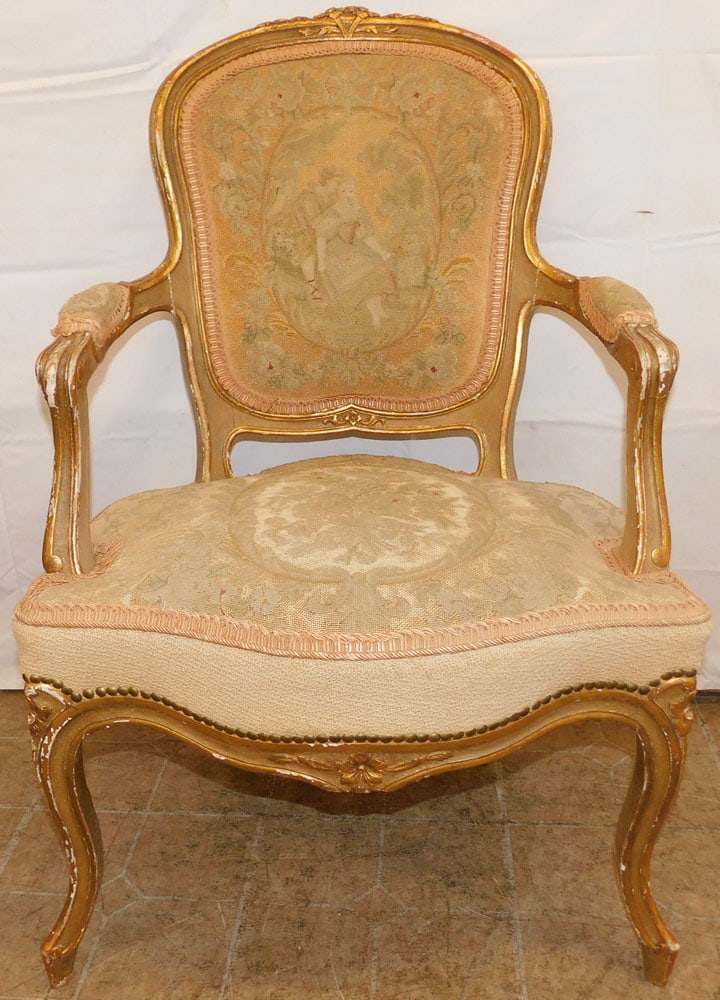 Antique Gilded Carved Wood Fauteuil: Antique Gilded Carved Wood Fauteuil. 37 1/2" H 24" W 24" D ALL DESCRIPTIONS AND ANY CONDITION STATEMENT GIVEN BY LANGSTON AUCTION GALLERY ARE STRICTLY OPINIONS AND LANGSTON'S SHALL HAVE NO
