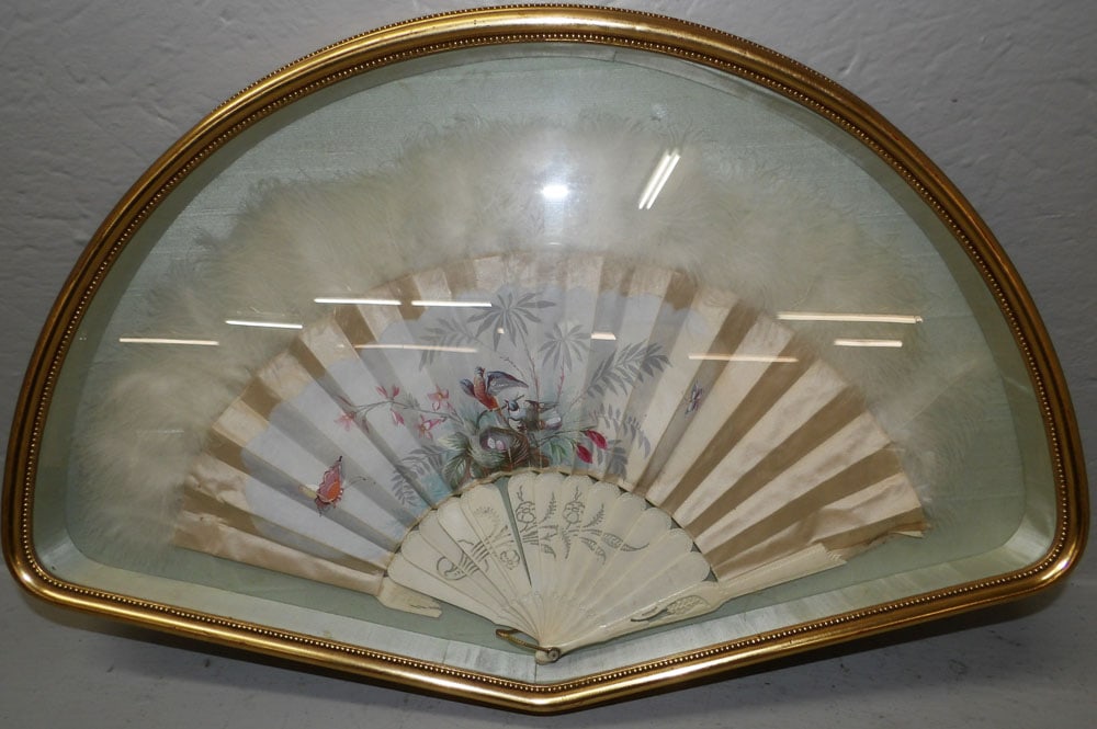 Hand Painted & Bone Fan in Enclosed Frame: Hand Painted & Bone Fan in Enclosed Frame . 16" x 25" ALL DESCRIPTIONS AND ANY CONDITION STATEMENT GIVEN BY LANGSTON AUCTION GALLERY ARE STRICTLY OPINIONS AND LANGSTON'S SHALL HAVE NO
