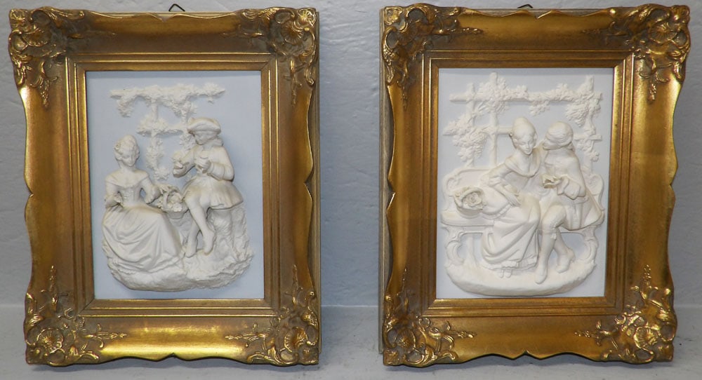 Pair of Framed German Parian Style Figural Plaques Labelled Meissen Art: Pair of Framed German Parian Style Figural Plaques Labelled Meissen Art. 14" x 11 1/2" ALL DESCRIPTIONS AND ANY CONDITION STATEMENT GIVEN BY LANGSTON AUCTION GALLERY ARE STRICTLY OPINIONS AND