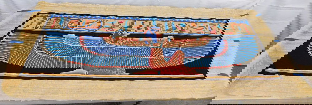 Large Unframed Egyptian Watercolor on Papyrus Artist Signed in a Tube: Large Unframed Egyptian Watercolor on Papyrus Artist Signed in a Tube. 30 1/2" x 69" ALL DESCRIPTIONS AND ANY CONDITION STATEMENT GIVEN BY LANGSTON AUCTION GALLERY ARE STRICTLY OPINIONS AND