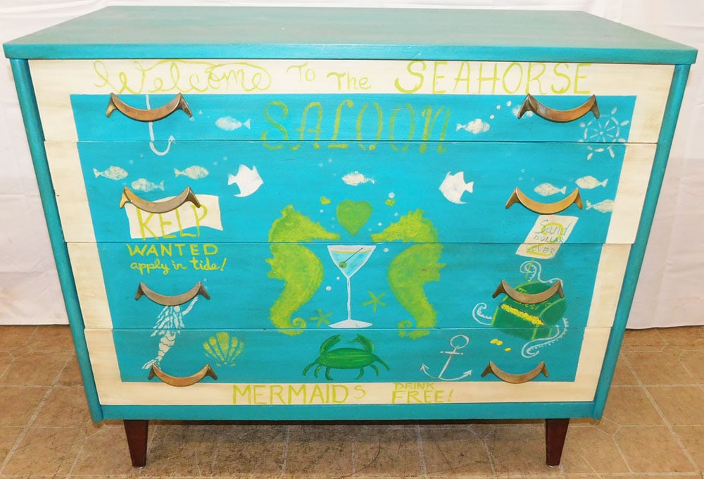 Modern Hand Painted Four Drawer Chest: Modern Hand Painted Four Drawer Chest . 35" H 40 1/4" W 20" D ALL DESCRIPTIONS AND ANY CONDITION STATEMENT GIVEN BY LANGSTON AUCTION GALLERY ARE STRICTLY OPINIONS AND LANGSTON'S SHALL HAVE NO