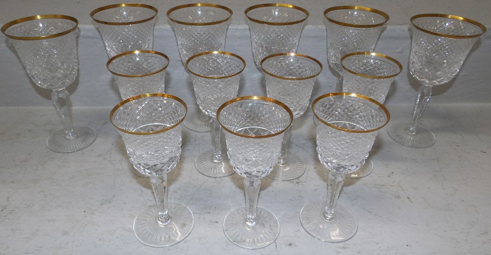 Thirteen Pieces of Gold Rim Cut Crystal Stemware (1 of 4)