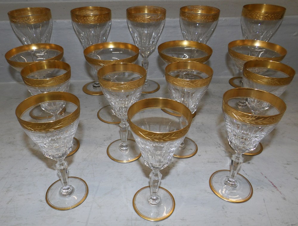Sixteen Pieces of Gold Rim Cut Crystal Stemware: Sixteen Pieces of Gold Rim Cut Crystal Stemware. 7" H 3 1/4" Dia. ALL DESCRIPTIONS AND ANY CONDITION STATEMENT GIVEN BY LANGSTON AUCTION GALLERY ARE STRICTLY OPINIONS AND LANGSTON'S SHALL HAVE NO