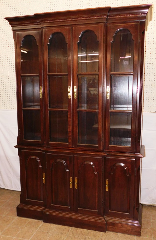 Cherry Two Piece Glass Door China Cabinet by Ethan Allen: Cherry Two Piece Glass Door China Cabinet by Ethan Allen . 78 1/4" H 50 1/2" W 16" D ALL DESCRIPTIONS AND ANY CONDITION STATEMENT GIVEN BY LANGSTON AUCTION GALLERY ARE STRICTLY OPINIONS AND LANGSTON'S