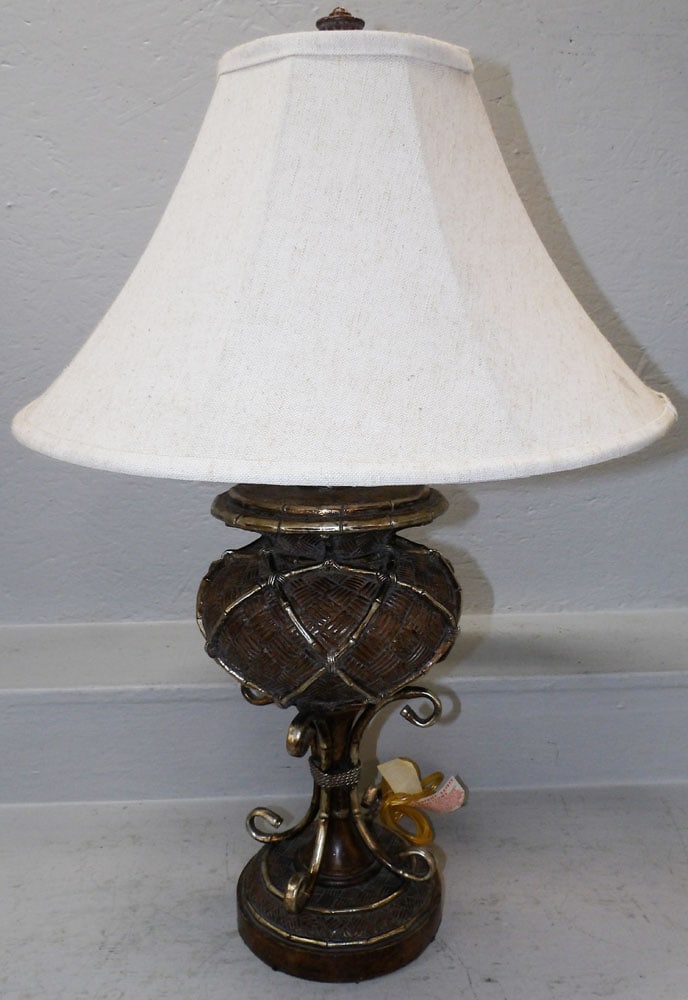 Painted Metal & Resin Decorative Urn Form Lamp with Bamboo Motif: Painted Metal & Resin Decorative Urn Form Lamp with Bamboo Motif . 31" H 20" Dia. ALL DESCRIPTIONS AND ANY CONDITION STATEMENT GIVEN BY LANGSTON AUCTION GALLERY ARE STRICTLY OPINIONS AND LANGSTON'S SH