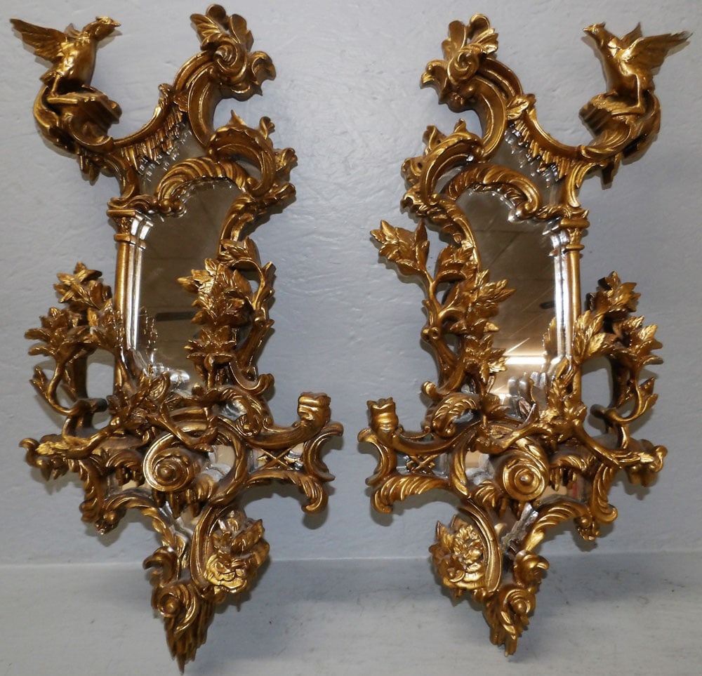 Pair of Gilded Resin Hanging Mirrors, (Some Chips): Pair of Gilded Resin Hanging Mirrors, (Some Chips). 23" x 11 1/4" ALL DESCRIPTIONS AND ANY CONDITION STATEMENT GIVEN BY LANGSTON AUCTION GALLERY ARE STRICTLY OPINIONS AND LANGSTON'S SHALL HAVE NO RESP
