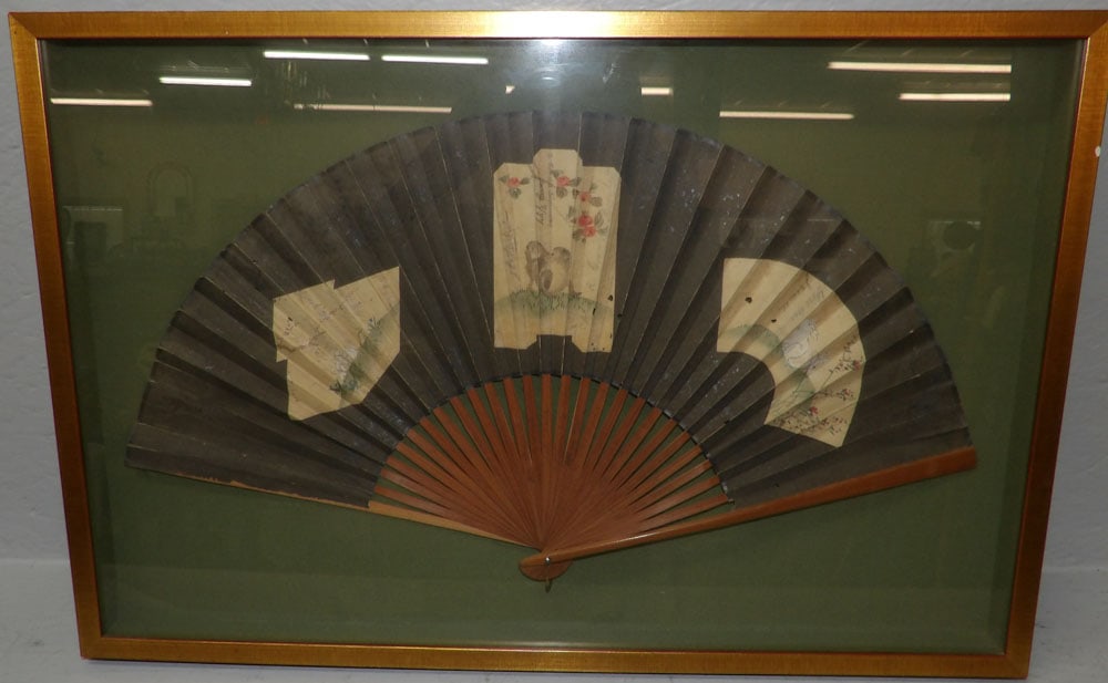 Hand Painted Oriental Fan in Enclosed Frame: Hand Painted Oriental Fan in Enclosed Frame. 17 1/2" x 26 1/4" ALL DESCRIPTIONS AND ANY CONDITION STATEMENT GIVEN BY LANGSTON AUCTION GALLERY ARE STRICTLY OPINIONS AND LANGSTON'S SHALL HAVE NO