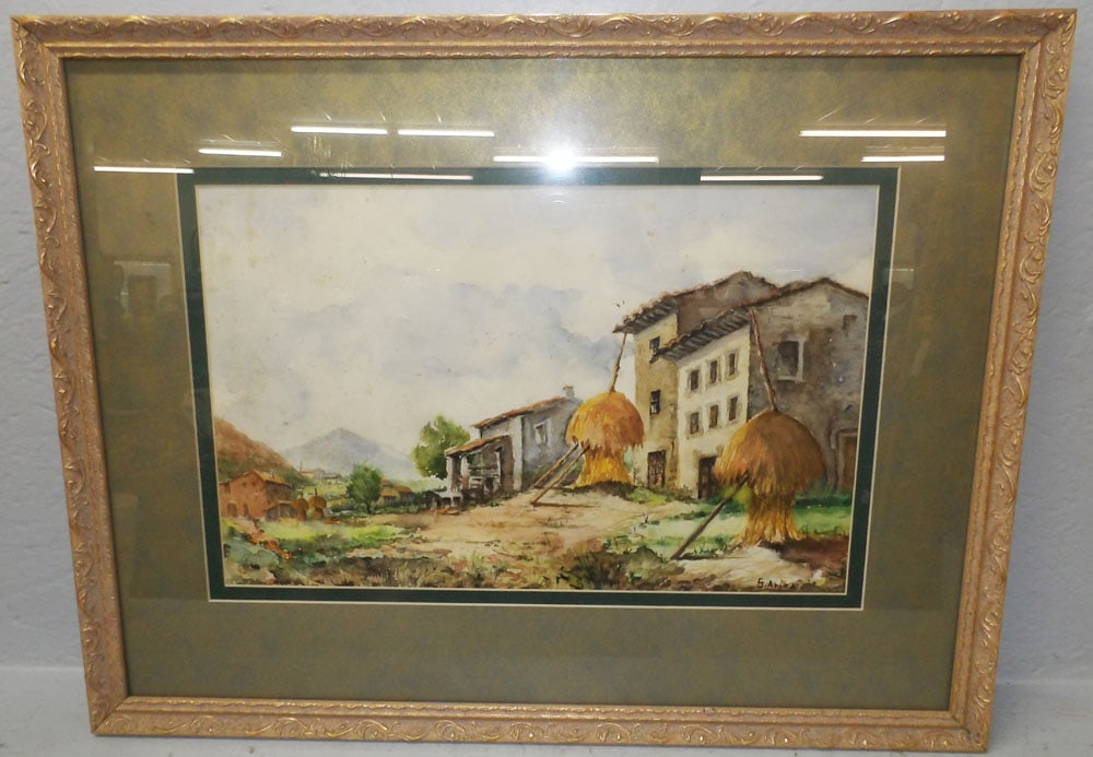 Framed Watercolor Farm Scene Artist Signed S. Ariza: Framed Watercolor Farm Scene Artist Signed S. Ariza. 21" x 27 3/4" ALL DESCRIPTIONS AND ANY CONDITION STATEMENT GIVEN BY LANGSTON AUCTION GALLERY ARE STRICTLY OPINIONS AND LANGSTON'S SHALL HAVE NO