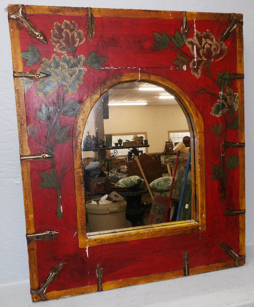 Painted & Metal Bound Framed Mirror: Painted & Metal Bound Framed Mirror . 25 1/2" x 21 3/4" ALL DESCRIPTIONS AND ANY CONDITION STATEMENT GIVEN BY LANGSTON AUCTION GALLERY ARE STRICTLY OPINIONS AND LANGSTON'S SHALL HAVE NO RESPONSIBILITY