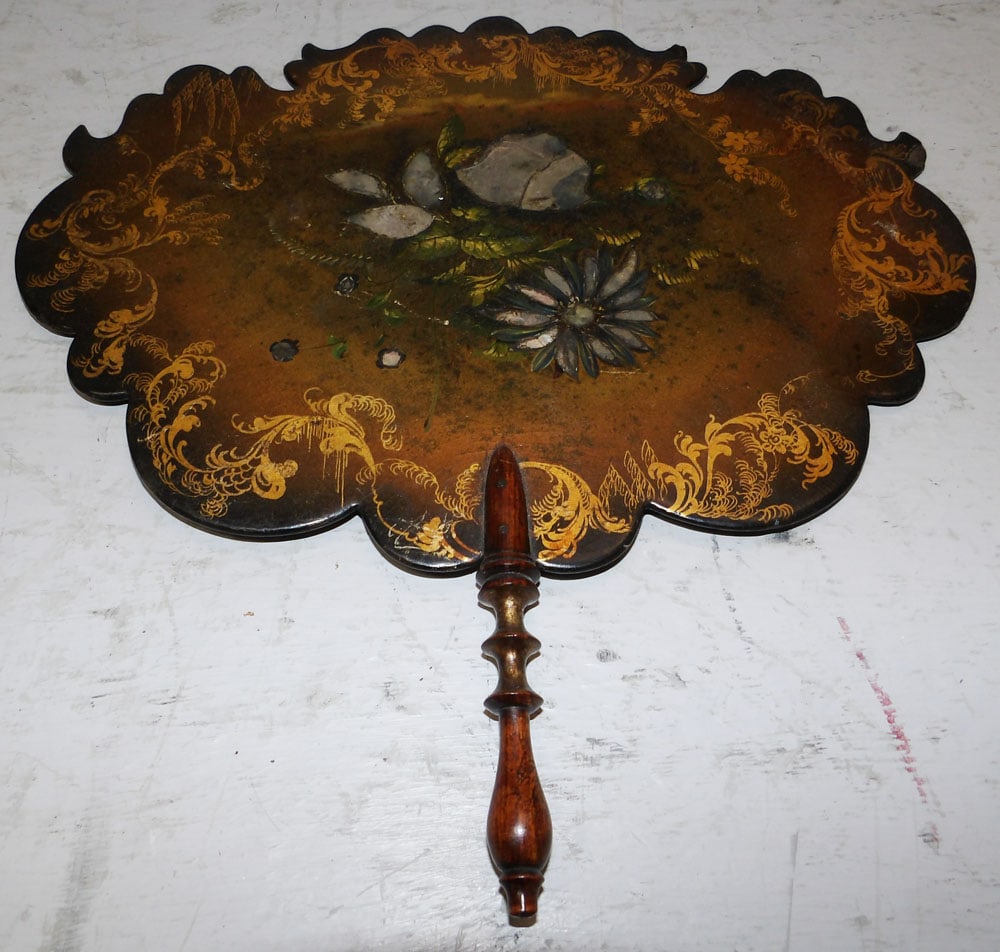 Painted Paper Mache Fan with Mother of Pearl Inlay: Painted Paper Mache Fan with Mother of Pearl Inlay. 10 1/2" x 10 1/2" ALL DESCRIPTIONS AND ANY CONDITION STATEMENT GIVEN BY LANGSTON AUCTION GALLERY ARE STRICTLY OPINIONS AND LANGSTON'S SHALL HAVE