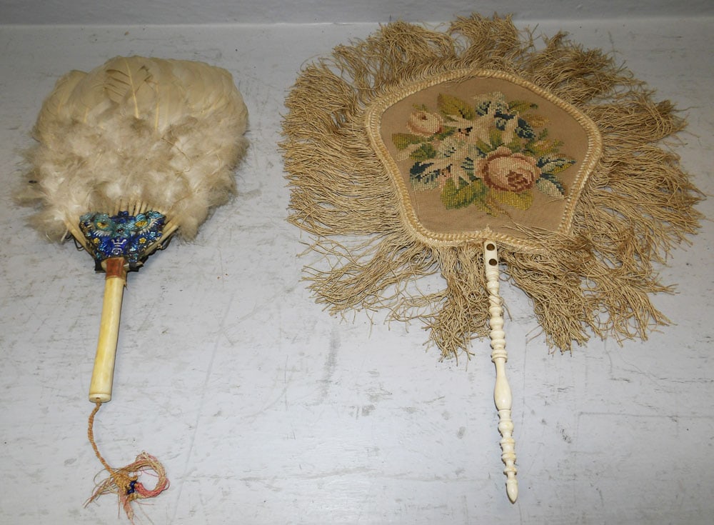 Bone Handle Needlepoint Fan & Bone Handle Feather Fan: Bone Handle Needlepoint Fan & Bone Handle Feather Fan. Up to 16 1/4" x 8 3/4" ALL DESCRIPTIONS AND ANY CONDITION STATEMENT GIVEN BY LANGSTON AUCTION GALLERY ARE STRICTLY OPINIONS AND LANGSTON'S