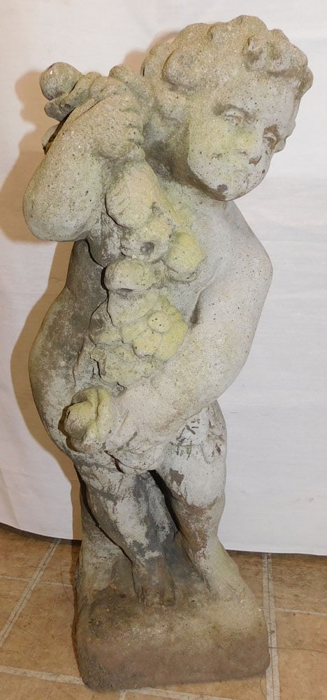 Antique Cast Concrete Cherub Yard Statue: Antique Cast Concrete Cherub Yard Statue . 25" H 9" W 8" D ALL DESCRIPTIONS AND ANY CONDITION STATEMENT GIVEN BY LANGSTON AUCTION GALLERY ARE STRICTLY OPINIONS AND LANGSTON'S SHALL HAVE NO