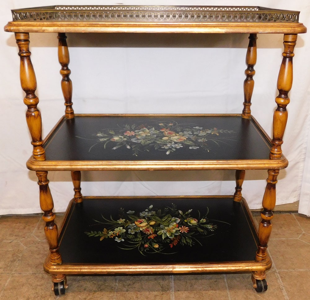Hand Painted Three Tier Stand with Brass Gallery (1 of 6)