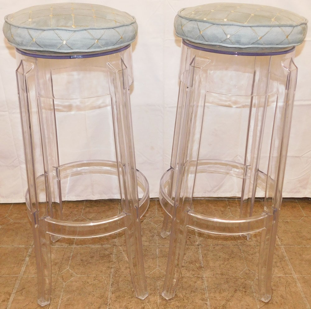 Pair of Modern Acrylic Bar Stools with Cushions: Pair of Modern Acrylic Bar Stools with Cushions. 32 1/2" H 15" Dia. ALL DESCRIPTIONS AND ANY CONDITION STATEMENT GIVEN BY LANGSTON AUCTION GALLERY ARE STRICTLY OPINIONS AND LANGSTON'S SHALL HAVE NO RE