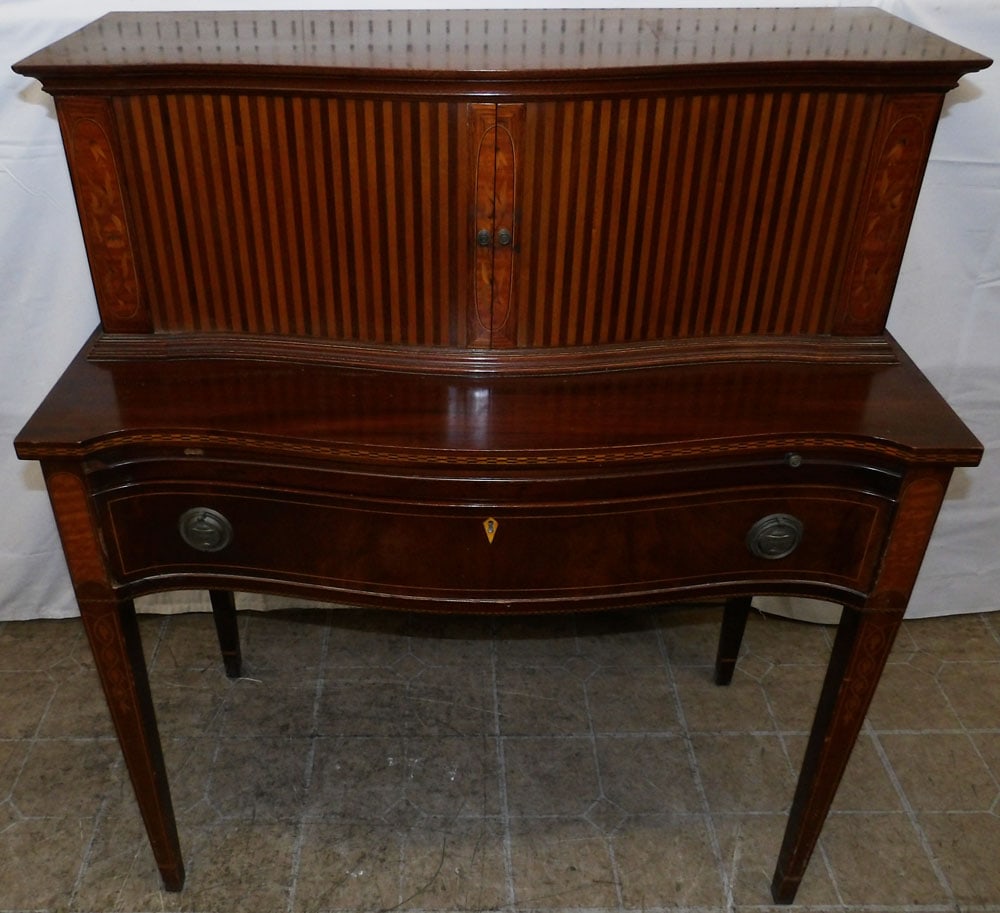 Mahogany Inlaid Tambour Door Secretary with Fitted Interior by Mayflower Colonial Shops (1 of 9)