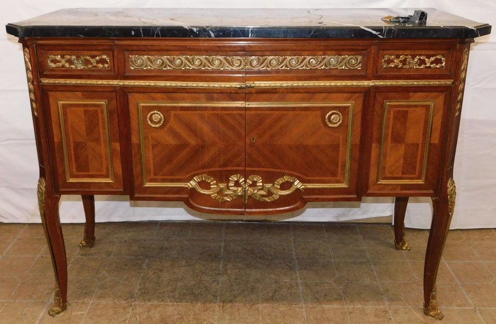 French Mahogany Inlaid Marble Top Radio Cabinet with Bronze Ormolu, (Marble As Is): French Mahogany Inlaid Marble Top Radio Cabinet with Bronze Ormolu, (Marble As Is). 39 1/4" H 56" W 21" D ALL DESCRIPTIONS AND ANY CONDITION STATEMENT GIVEN BY LANGSTON AUCTION GALLERY ARE STRICTLY