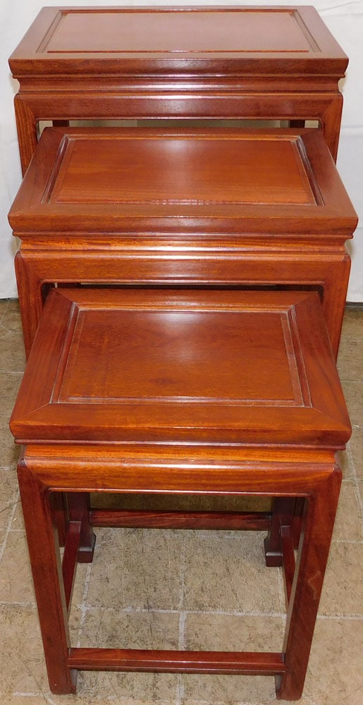 Set of Three Oriental Nesting Tables: Set of Three Oriental Nesting Tables . 27 3/4" H 20" W 15" D ALL DESCRIPTIONS AND ANY CONDITION STATEMENT GIVEN BY LANGSTON AUCTION GALLERY ARE STRICTLY OPINIONS AND LANGSTON'S SHALL HAVE NO