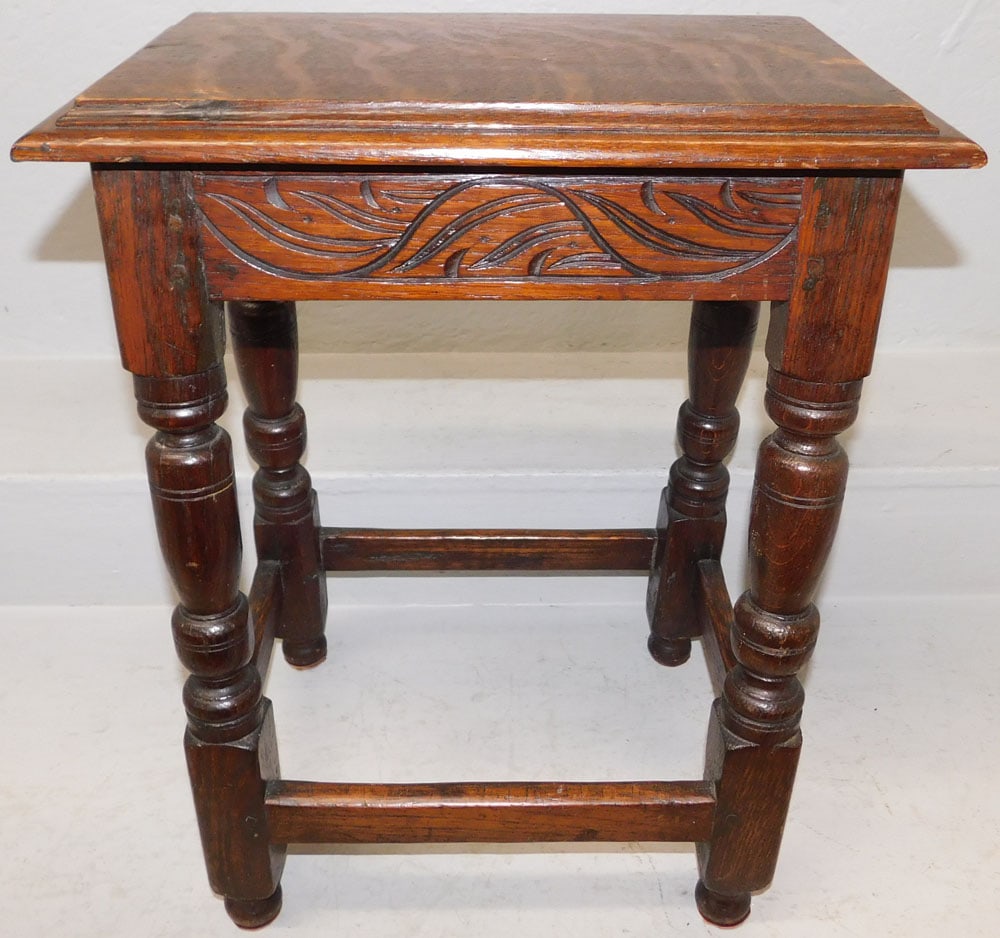 Antique English Carved Oak Pegged Joint Stool (1 of 4)