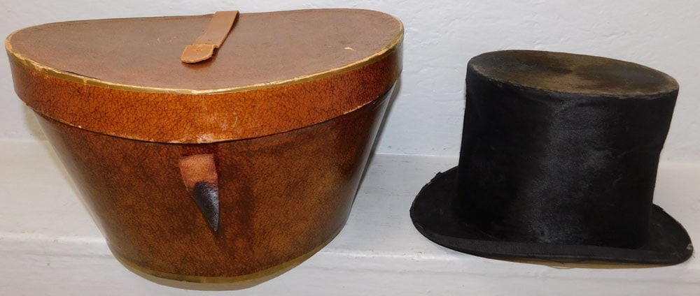 Antique Beaver Skin Top Hat by Lamson & Hubbart, Boston, with Box: Antique Beaver Skin Top Hat by Lamson & Hubbart, Boston, with Box . Box: 8 1/4" H 14 1/4" W 12 1/4" D ALL DESCRIPTIONS AND ANY CONDITION STATEMENT GIVEN BY LANGSTON AUCTION GALLERY ARE STRICTLY