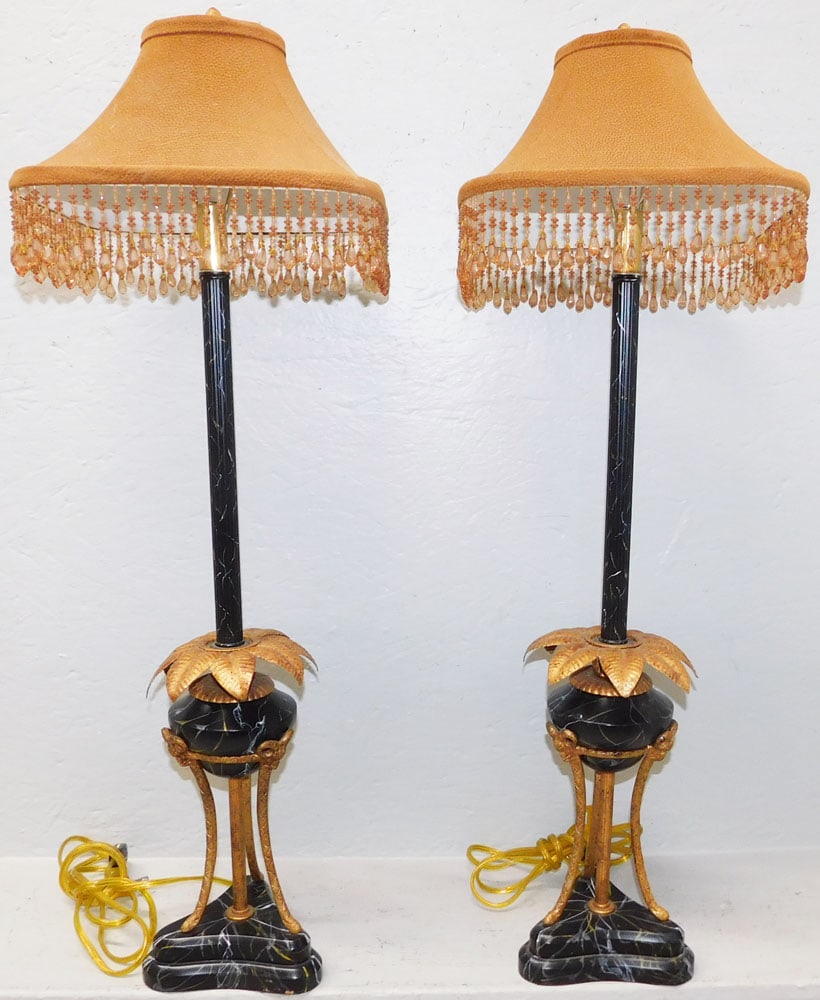 Pair of Decorative Painted Faux Marble Gilded Lamps with Ram's Heads (1 of 6)