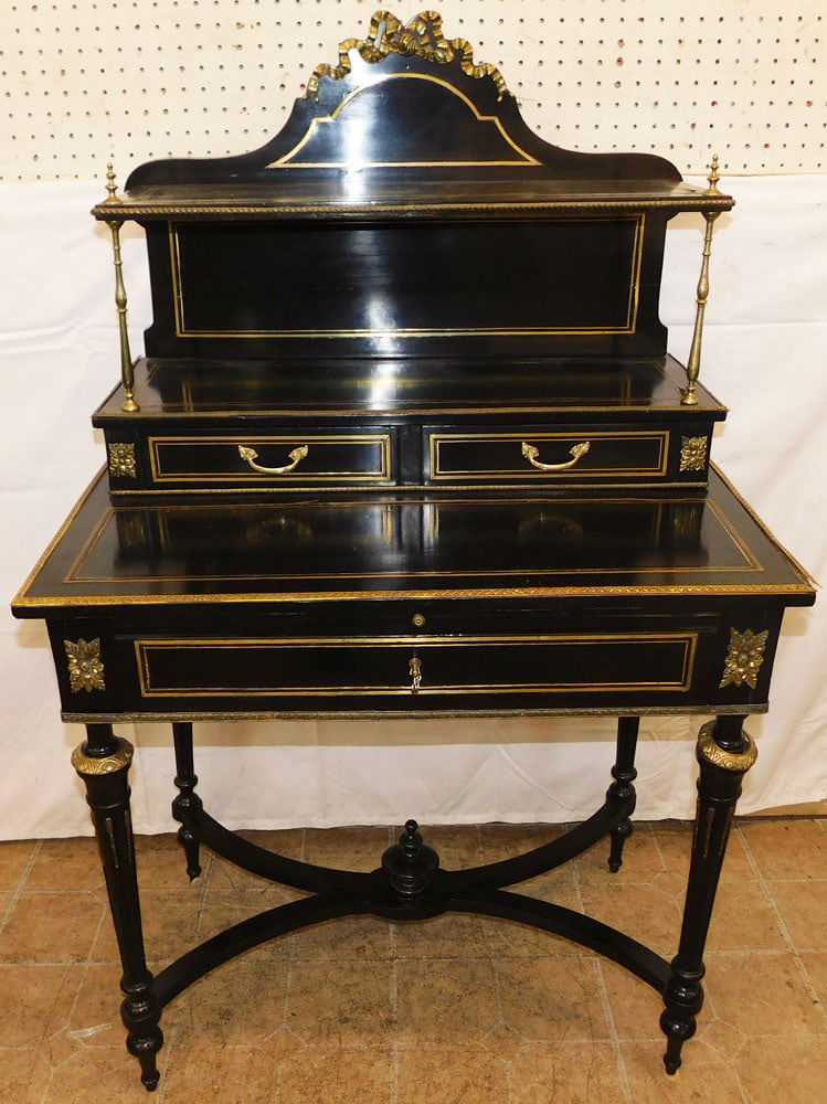 Antique Ebonized & Brass Ormolu Ladies Desk: Antique Ebonized & Brass Ormolu Ladies Desk. 50 1/2" H 30 1/4" W 19 1/2" D ALL DESCRIPTIONS AND ANY CONDITION STATEMENT GIVEN BY LANGSTON AUCTION GALLERY ARE STRICTLY OPINIONS AND LANGSTON'S SHALL HAV
