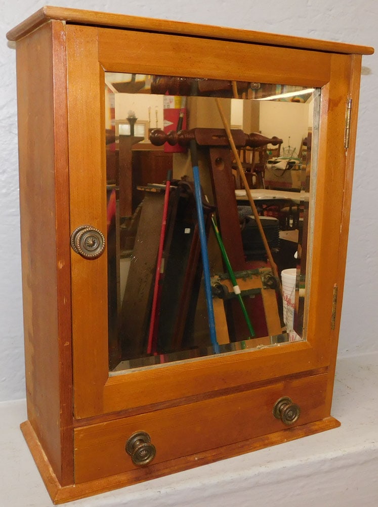 Antique Hanging Pine & Bevel Edge Mirror Door Cabinet: Antique Hanging Pine & Bevel Edge Mirror Door Cabinet. 17 1/4" H 13 1/2" W 6 1/4" W ALL DESCRIPTIONS AND ANY CONDITION STATEMENT GIVEN BY LANGSTON AUCTION GALLERY ARE STRICTLY OPINIONS AND LANGSTON'S