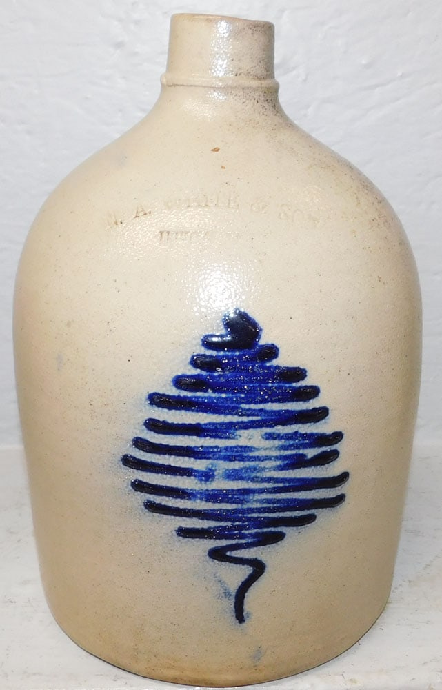 Antique Blue Decorated Stoneware Whisky Jug by N. A. White & Sons Utica, NY (1 of 5)