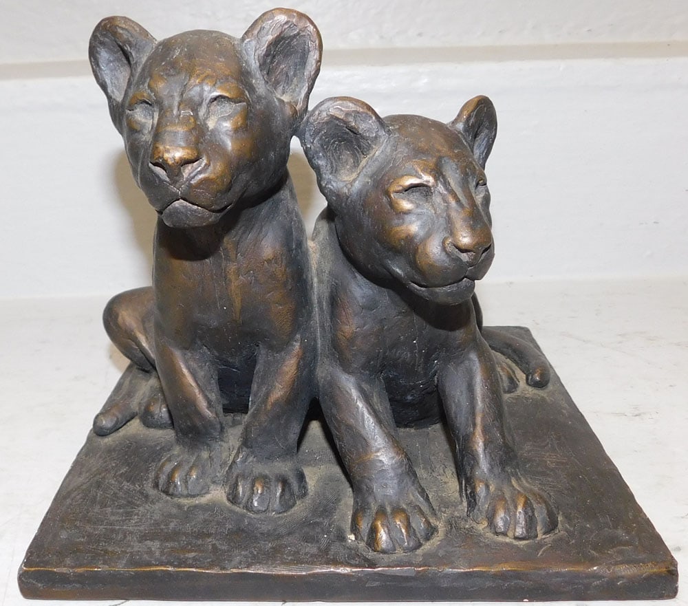 Copper Finish Ceramic Sculpture of Two Lion Cubs Signed M.S. 1965 (1 of 5)