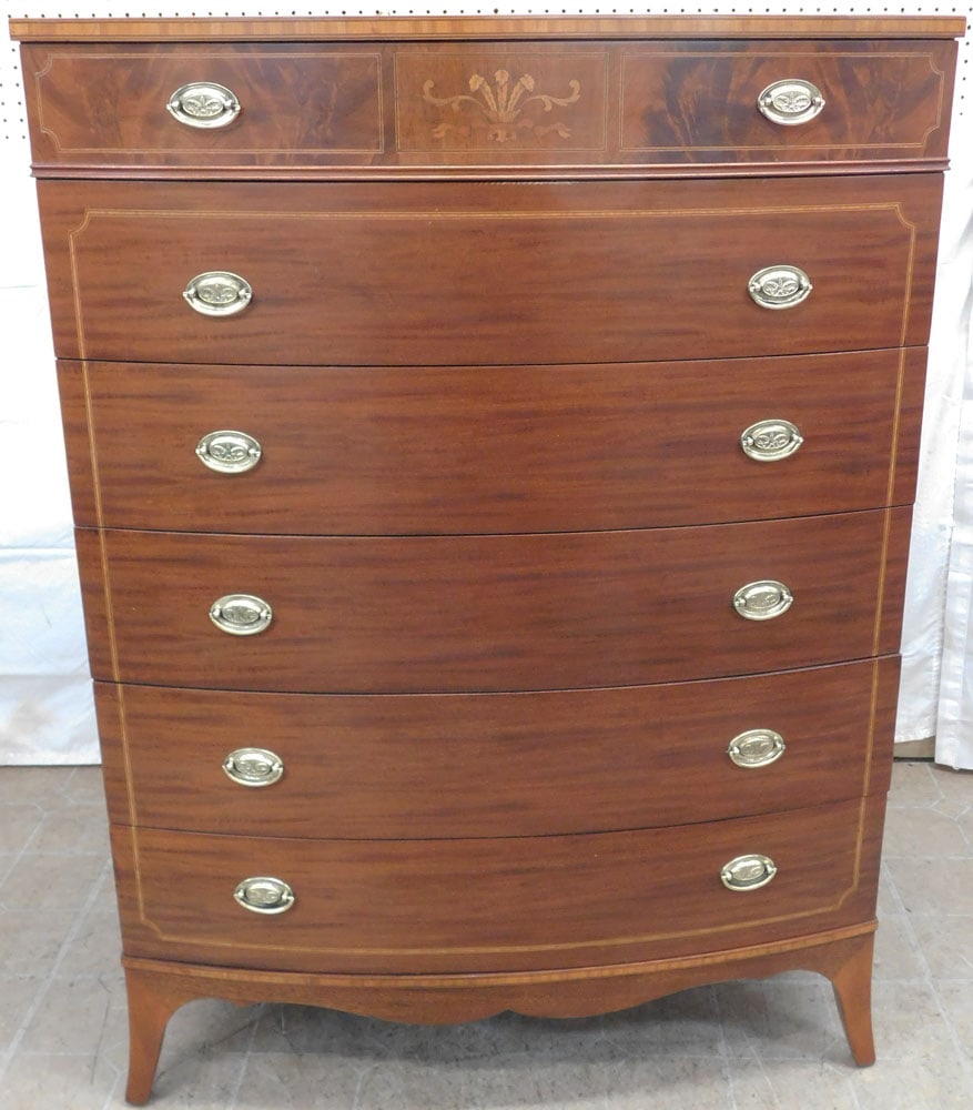 Bow Front Mahogany & Satinwood Inlaid Six Drawer Chest (1 of 10)