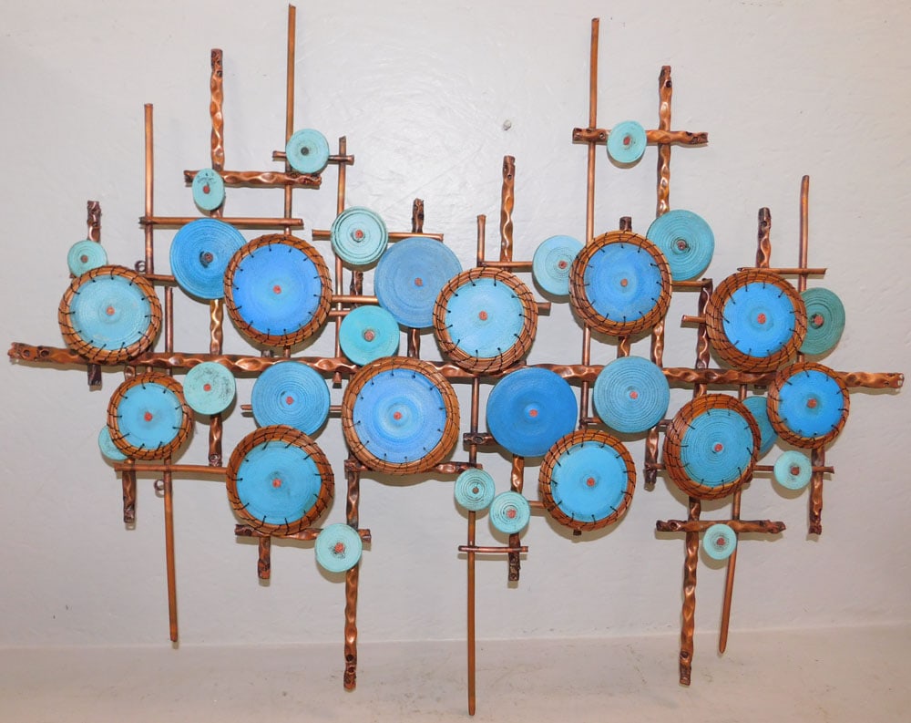 Modern Copper & Pottery Wall Art: Modern Copper & Pottery Wall Art . 31" 37 1/2 ALL DESCRIPTIONS AND ANY CONDITION STATEMENT GIVEN BY LANGSTON AUCTION GALLERY ARE STRICTLY OPINIONS AND LANGSTON'S SHALL HAVE NO RESPONSIBILITY FOR ERROR