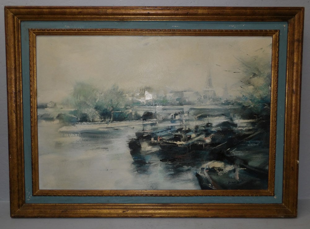 Framed Oil on Board of French River Scene by Charles Gruppe: Framed Oil on Board of French River Scene by Charles Gruppe . 31 1/4" x 43 1/4" ALL DESCRIPTIONS AND ANY CONDITION STATEMENT GIVEN BY LANGSTON AUCTION GALLERY ARE STRICTLY OPINIONS AND LANGSTON'S