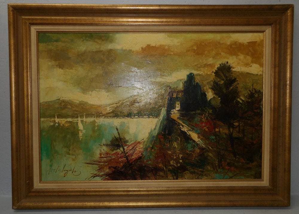 Framed Oil on Canvas Lake Scene Artist Signed: Framed Oil on Canvas Lake Scene Artist Signed. 32 1/4" x 44 1/4" ALL DESCRIPTIONS AND ANY CONDITION STATEMENT GIVEN BY LANGSTON AUCTION GALLERY ARE STRICTLY OPINIONS AND LANGSTON'S SHALL HAVE NO