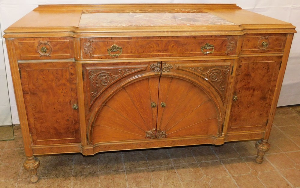 Walnut & Burled French Marble Top Server: Walnut & Burled French Marble Top Server . 25 3/4" H 55 1/2" W 23 1/4" D ALL DESCRIPTIONS AND ANY CONDITION STATEMENT GIVEN BY LANGSTON AUCTION GALLERY ARE STRICTLY OPINIONS AND LANGSTON'S SHALL HAVE