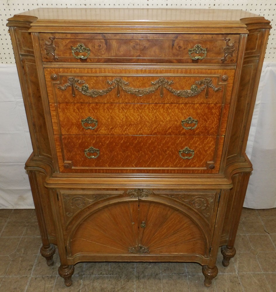 Walnut & Burled French Seven Drawer Two Door Tall Chest (1 of 9)