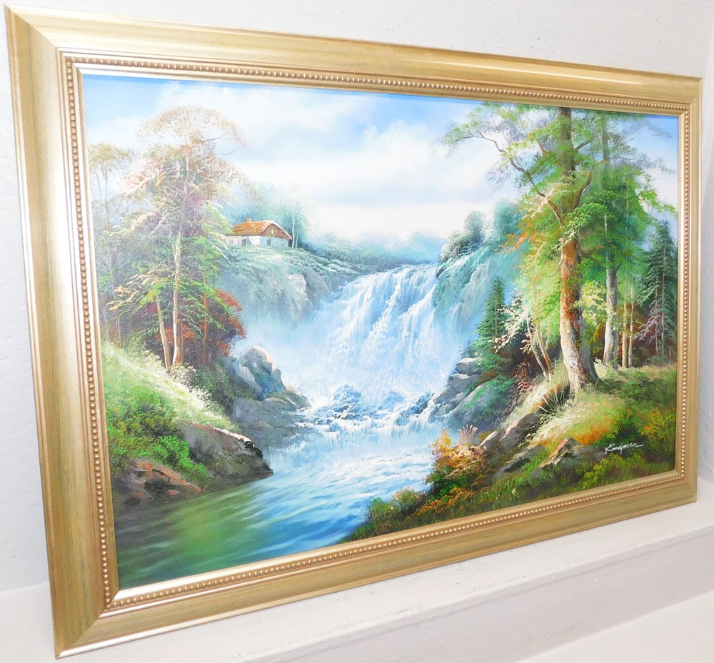 Framed Oil on Canvas Waterfall Artist Signed: Framed Oil on Canvas Waterfall Artist Signed. 29 1/2" x 41 1/2" ALL DESCRIPTIONS AND ANY CONDITION STATEMENT GIVEN BY LANGSTON AUCTION GALLERY ARE STRICTLY OPINIONS AND LANGSTON'S SHALL HAVE NO