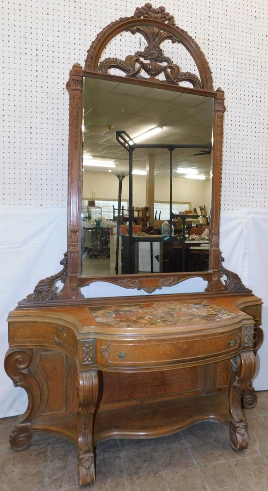 Walnut & Burled French Marble Top Dressing Vanity: Walnut & Burled French Marble Top Dressing Vanity . 81 1/2" H 50" W 19 1/2" D ALL DESCRIPTIONS AND ANY CONDITION STATEMENT GIVEN BY LANGSTON AUCTION GALLERY ARE STRICTLY OPINIONS AND LANGSTON'S SHALL