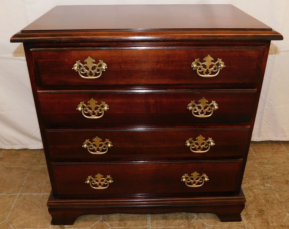 Cherry Diminutive Four Drawer Chest with Carrying Handles: Cherry Diminutive Four Drawer Chest with Carrying Handles. 23 3/4" H 14" D ALL DESCRIPTIONS AND ANY CONDITION STATEMENT GIVEN BY LANGSTON AUCTION GALLERY ARE STRICTLY OPINIONS AND LANGSTON'S SHALL