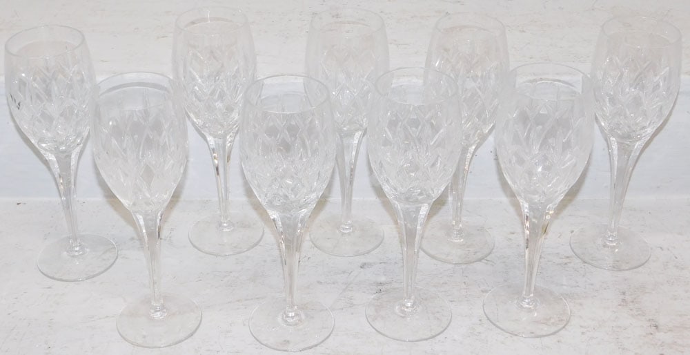Nine Waterford Crystal Marquis Wines: Nine Waterford Crystal Marquis Wines . 9 1/2" H 3 1/4" Dia. ALL DESCRIPTIONS AND ANY CONDITION STATEMENT GIVEN BY LANGSTON AUCTION GALLERY ARE STRICTLY OPINIONS AND LANGSTON'S SHALL HAVE NO