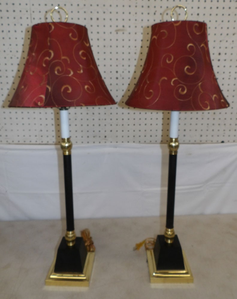 Pair of Painted Metal & Brass Buffet Lamps: Pair of Painted Metal & Brass Buffet Lamps . 33 1/2" H Shade: 12" Dia. ALL DESCRIPTIONS AND ANY CONDITION STATEMENT GIVEN BY LANGSTON AUCTION GALLERY ARE STRICTLY OPINIONS AND LANGSTON'S SHALL HAVE
